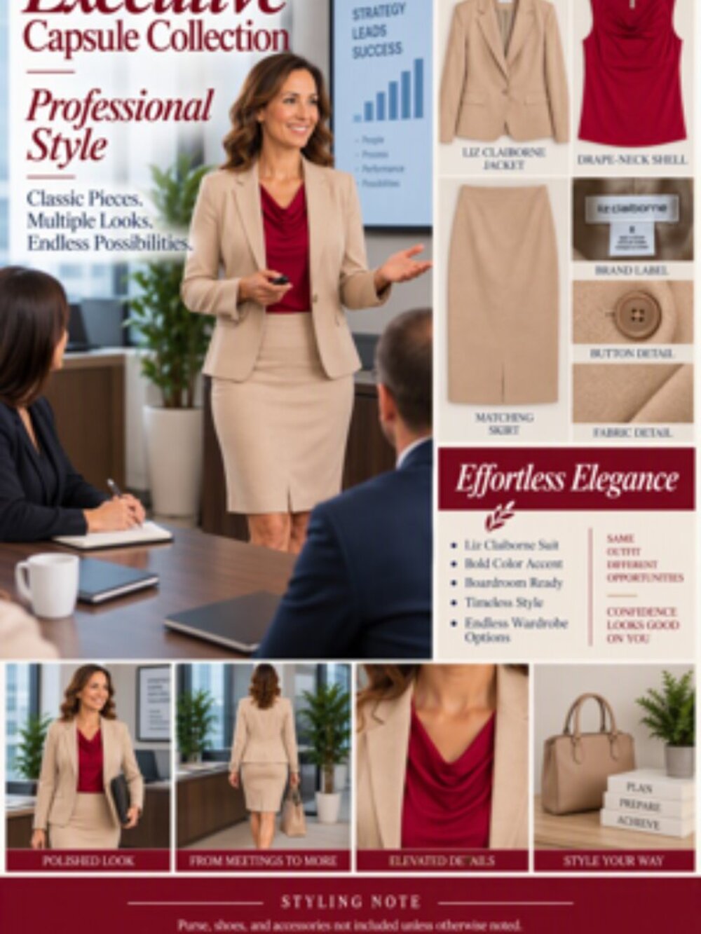 Liz Claiborne Size 8 Beige Skirt Suit & Red Shell | Professional Office Outfit
